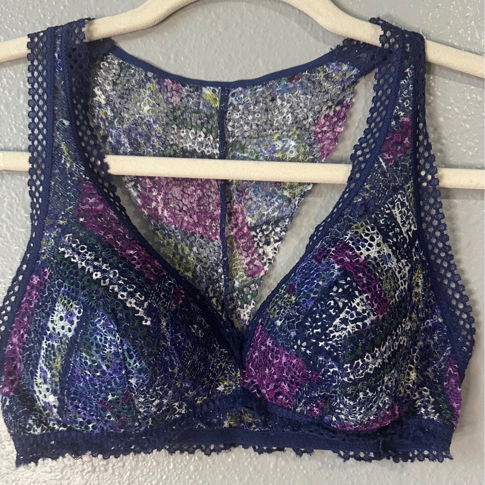 Victoria‎ Secret Lace Bralette Racerback Floral Print Padded Bra Blue Small S